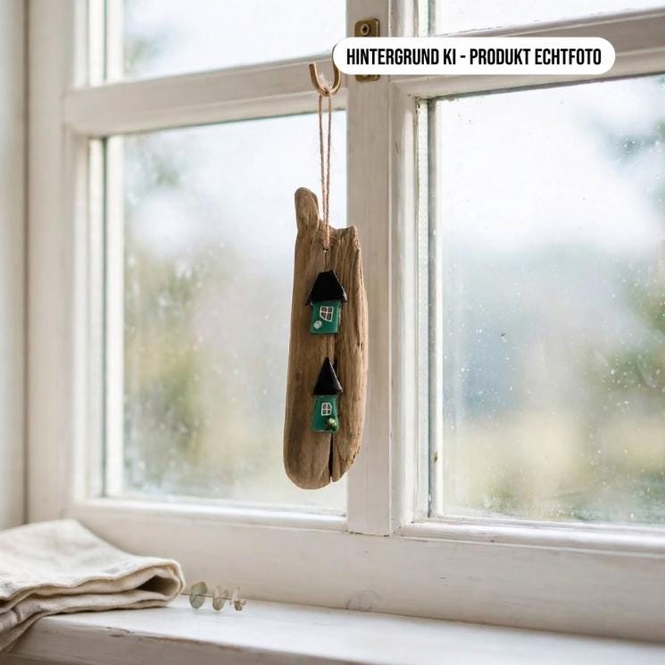 Treibholz Fensterhänger mit grünen Häusern am Fensterhaken vor hellem Fenster, Fensterdeko Boho Scandi