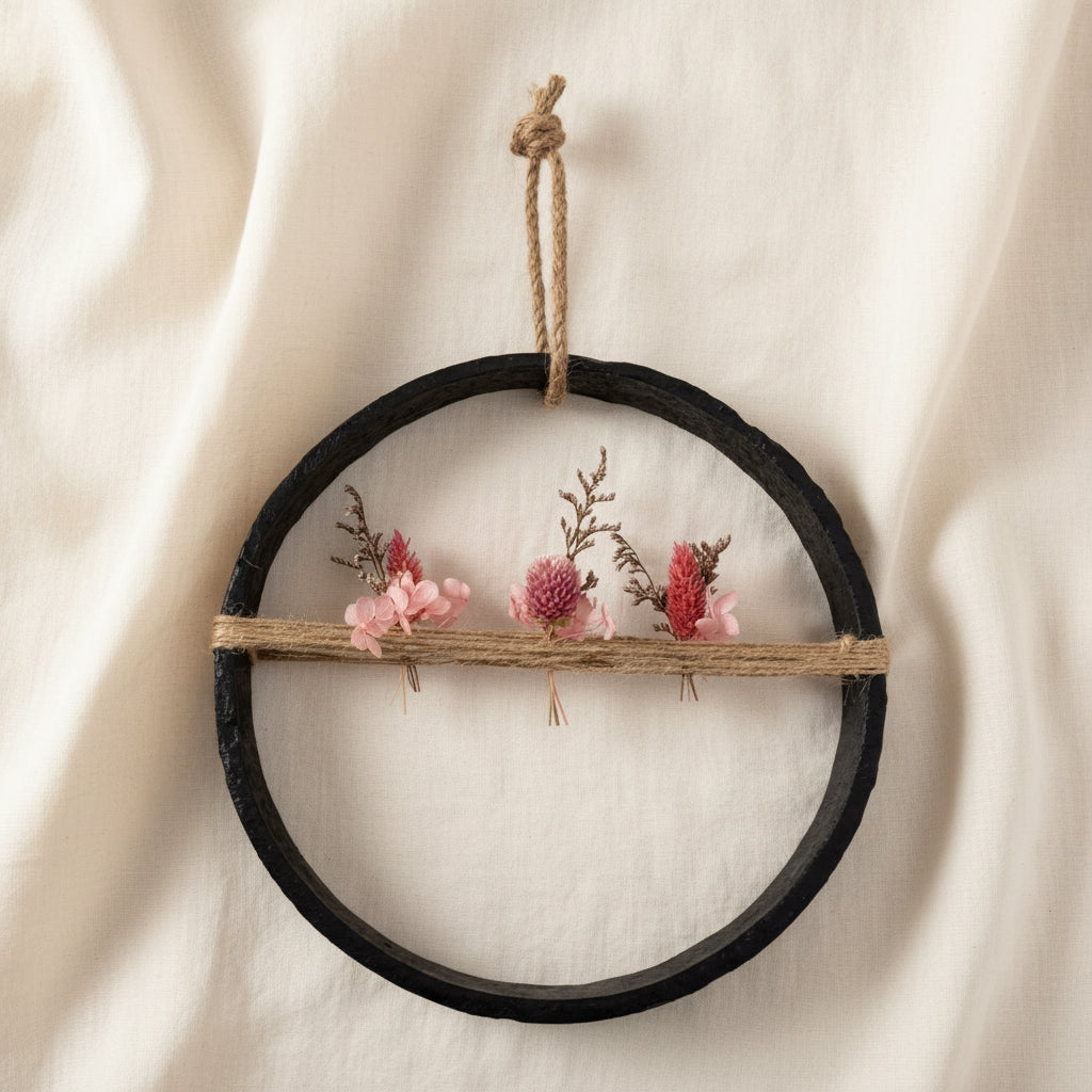 Original Wagenrad Eisenring 24cm schwarz mit rosa Trockenblumen und Jute Aufhängung, Wandkranz Upcycling, Produktfoto