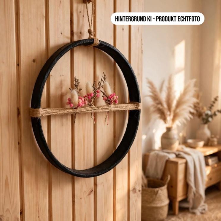 Eisenring Wandkranz 24cm schwarz an heller Holzwand hängend, rosa Trockenblumen Deko, Boho Wohnzimmer Dekoration