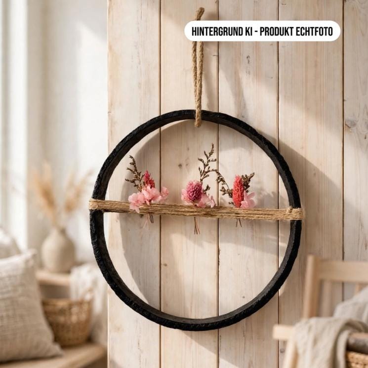 Detailaufnahme Eisenring 24cm Wagenrad mit 3 rosa Trockenblumen, Wandkranz Boho an Holz
