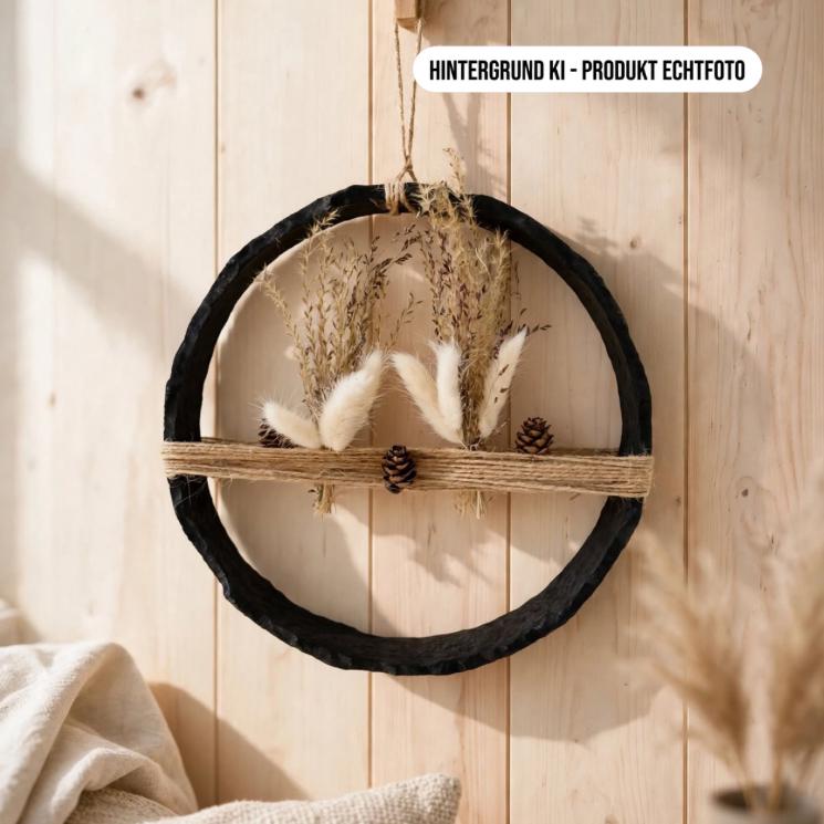 Eisenring Deko 24cm mit Pampas und weißen Trockenblumen an Holzwand, Natural Boho Variante