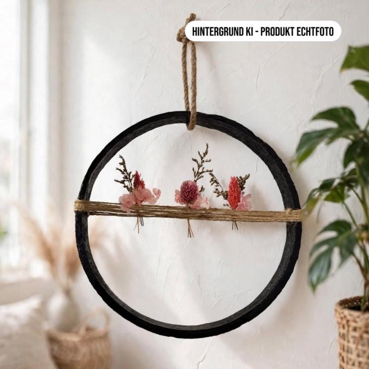 Eisenring Deko 24cm an weißer Wand neben großer grüner Zimmerpflanze, Industrial Boho Wohndeko