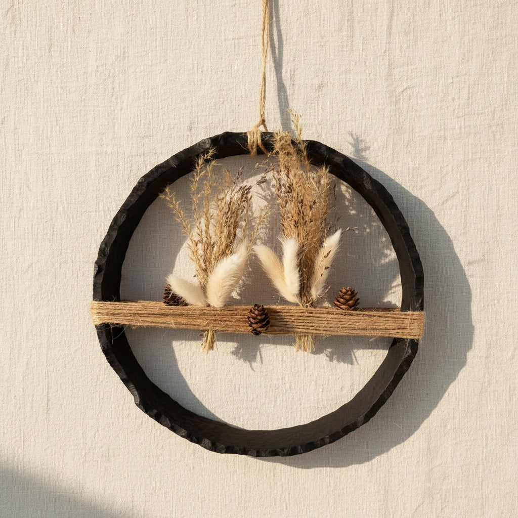Eisenring Deko 24cm Original Wagenrad schwarz mit Pampasgras, Boho Wandkranz Natural, handgemacht