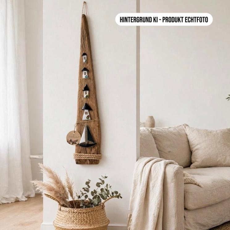 Maritime Treibholz Deko Stele mit Glashäusern im skandinavischen Wohnzimmer