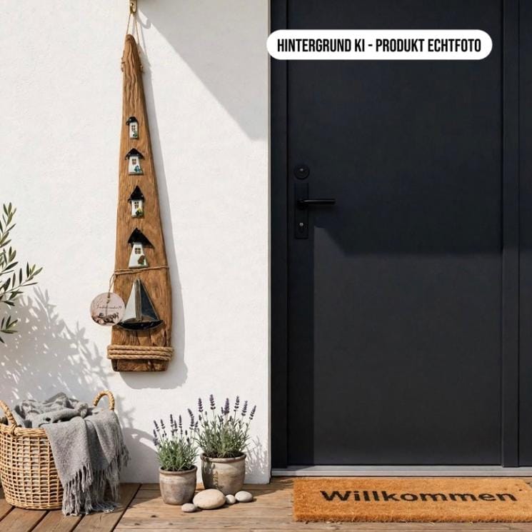 Treibholz Deko Stele an Hauswand neben Haustür mit Lavendel, maritime Outdoor Wanddeko