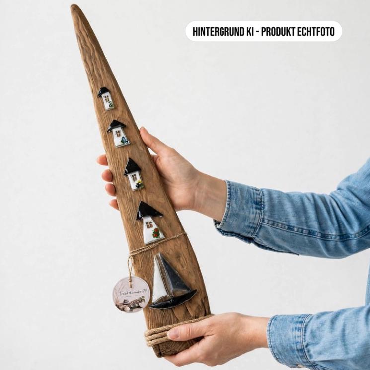 Maritime Treibholz Deko Stele 73cm im Größenvergleich in Händen gehalten
