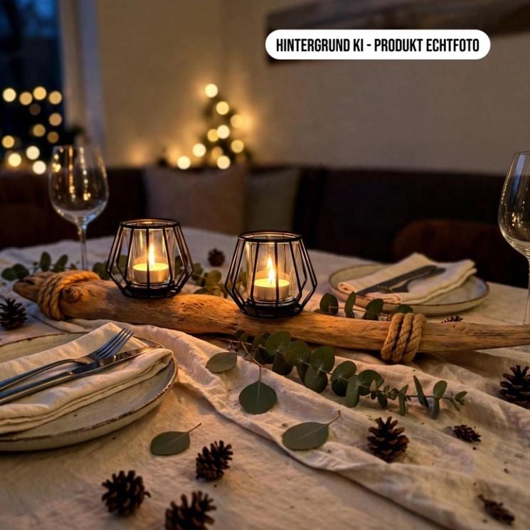 Kerzenhalter aus Treibholz als Tischdeko auf festlich gedecktem Tisch mit Tellern und Tannenzapfen, Weihnachtsdeko