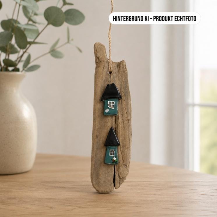 Treibholz Anhänger mit Glas Häuschen auf heller Holz Fensterbank neben Vase mit Eukalyptus, Wohndeko nachhaltig