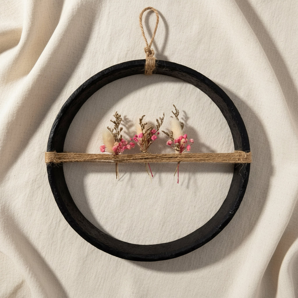 24cm Eisenring Wagenrad Wanddeko schwarz mit 3 rosa Trockenblumen, freigestellt auf weiß, Industrial Boho Kranz