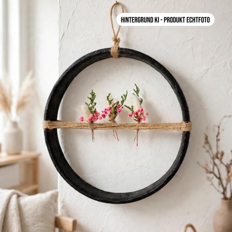 Schwarzer Eisenring Wandkranz mit rosa Trockenblumen am Fenster, Boho Deko mit viel Tageslicht