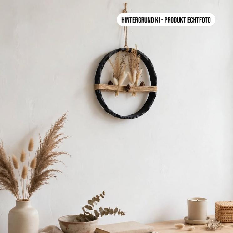 Eisenring Deko an weißer Wand über Holz Sideboard mit Pampas Vase, skandinavische Wanddeko Industrial