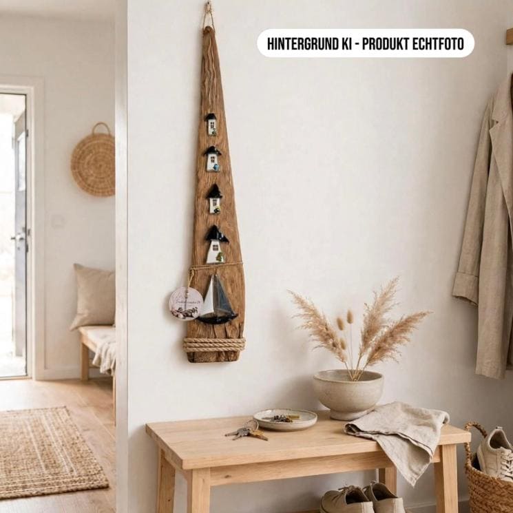 Treibholz Deko Stele 73cm im Eingangsbereich an weißer Wand über Holzbank