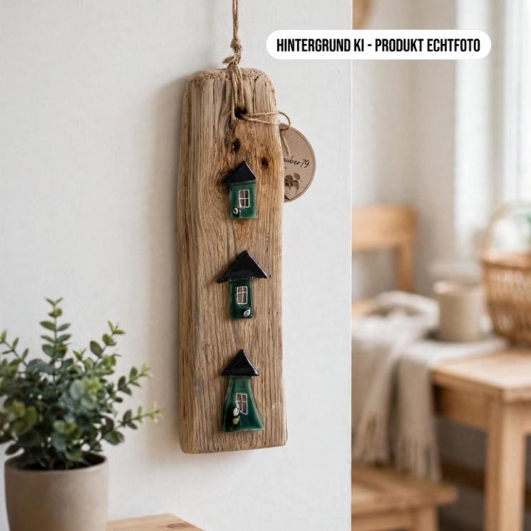 Lifestyle Wohnbild – Treibholz Hänger mit 3 kleinen Glashäusern hängt an weißer Wand im hellen skandinavischen Wohnzimmer