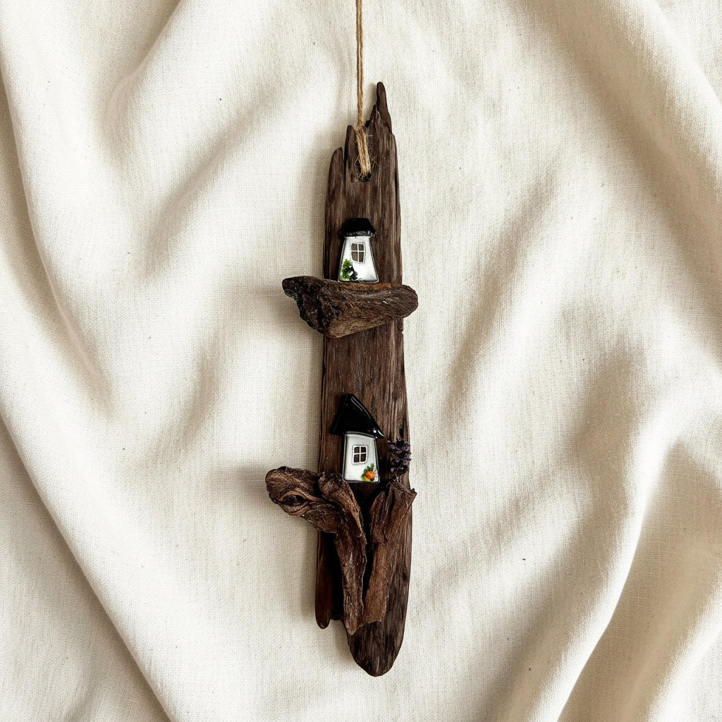 Treibholz Deko zum Hängen 37cm mit 2 weißen Glashäuschen mit schwarzem Dach auf dunklem Driftwood, maritime Wanddeko Unikat