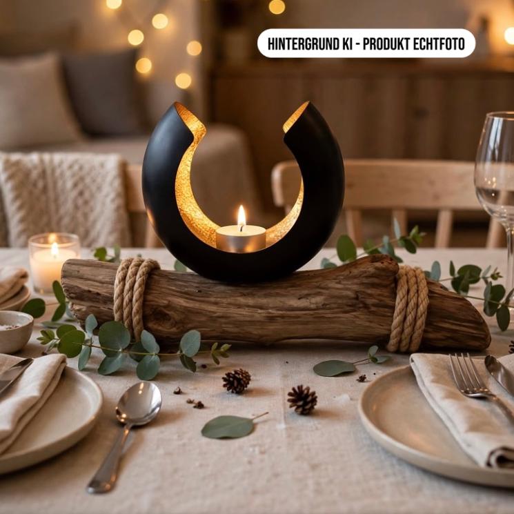 Festliche Tischdeko mit Treibholz Kerzenhalter schwarz gold als Centerpiece auf gedecktem Esstisch mit Eukalyptus