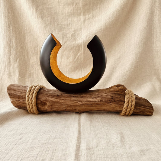 Maritime Treibholzdeko mit schwarz-goldenem Kerzenhalter und Naturseil, handgefertigtes Unikat, ca. 41 × 8 × 21 cm.