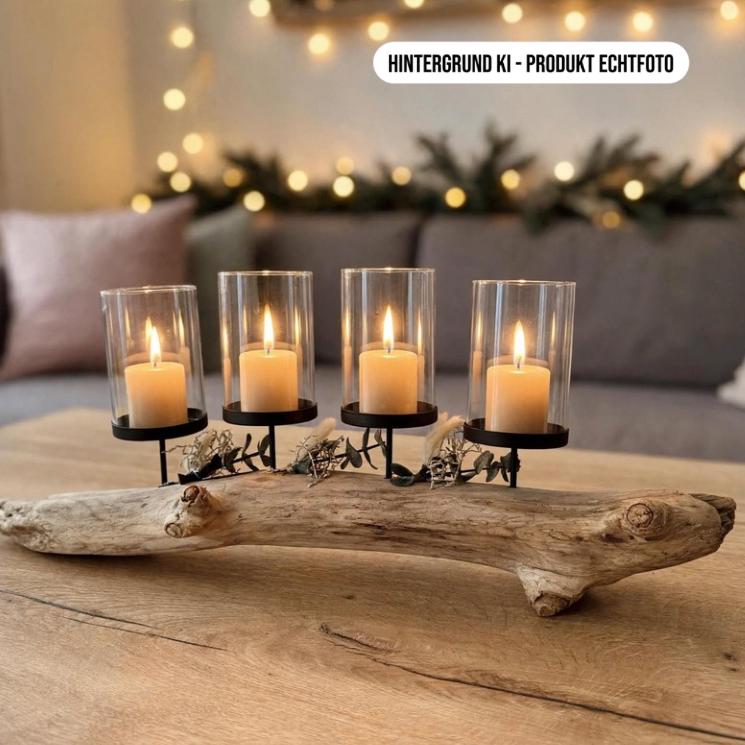 Treibholz Windlicht mit Gläsern und brennenden Kerzen, Wohnzimmer Deko mit Lichterkette