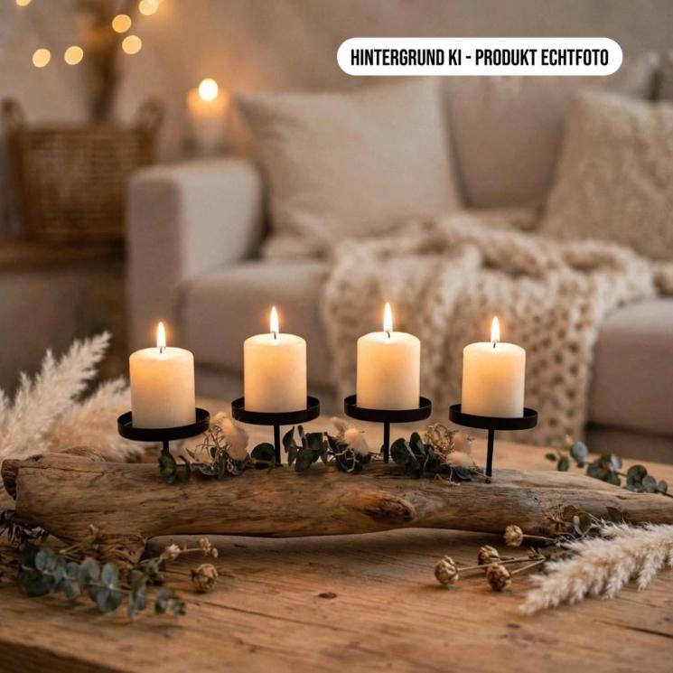 Treibholz Kerzenständer mit 4 brennenden Stumpenkerzen, gemütliche Abenddeko Boho Skandi