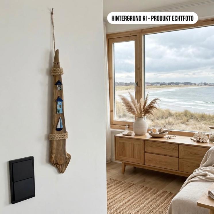 Treibholz Wanddeko mit Glashäusern im hellen Beach House Wohnzimmer mit Meerblick Fenster, Deko Inspiration Küstenstil
