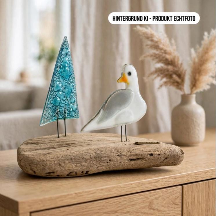 Maritime Deko Möwe mit Segel auf Treibholz dekoriert im Strandhaus Stil mit Vase und Trockenblumen auf Holzregal, Küsten Deko