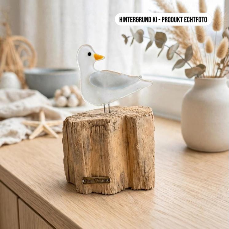 Lifestyle Deko: Glas Möwe auf Treibholz steht auf hellem Holz Sideboard am Fenster mit Vase und Seestern, Wohndeko