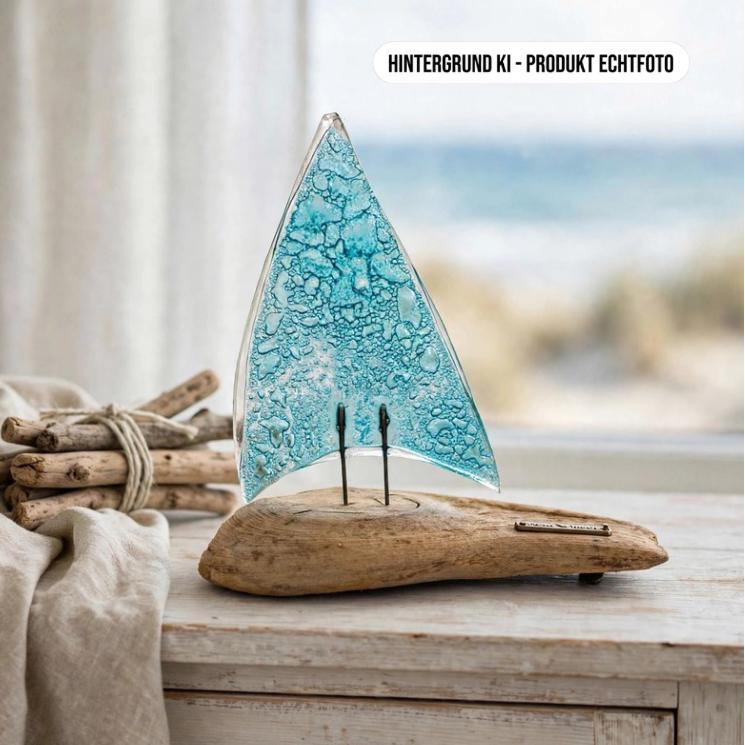 Segelboot Deko aus Treibholz und Glas auf weißem Sideboard am Fenster mit Meerblick, Coastal Living Deko