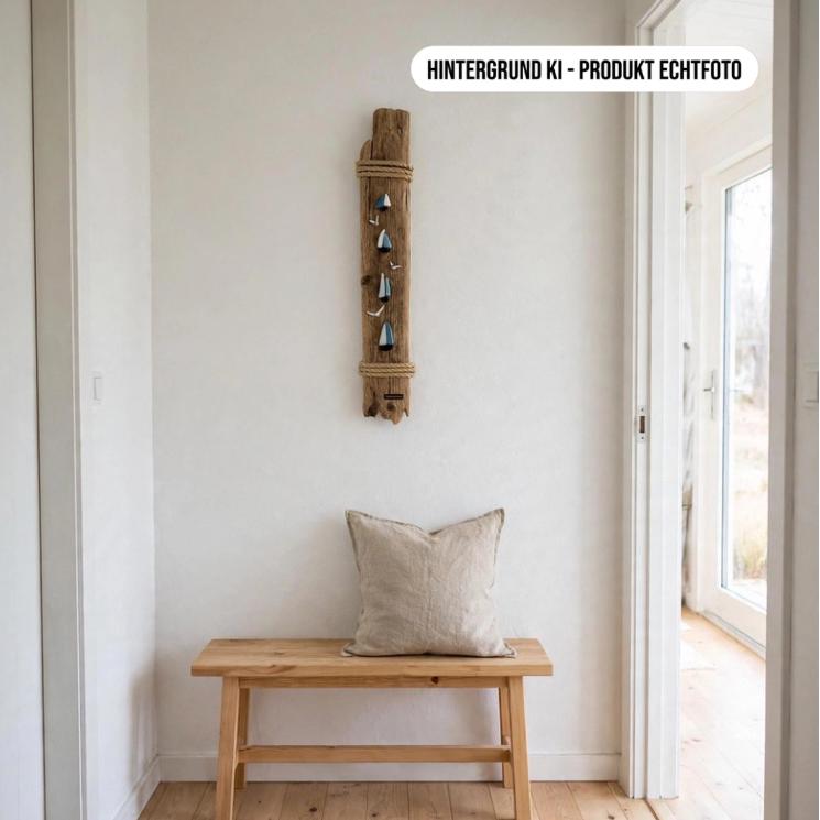 Treibholz Wanddeko 56cm im schmalen hellen Flur mit Holzbank und Leinenkissen - Lifestyle Bild Küsten Deko mit Befestigung