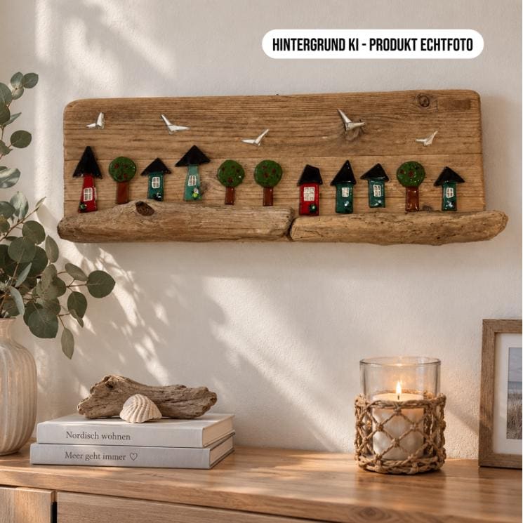 Treibholz Dorf als Wanddeko über Sideboard dekoriert - skandinavische Deko mit Glashäusern und Bäumen im hellen Wohnzimmer