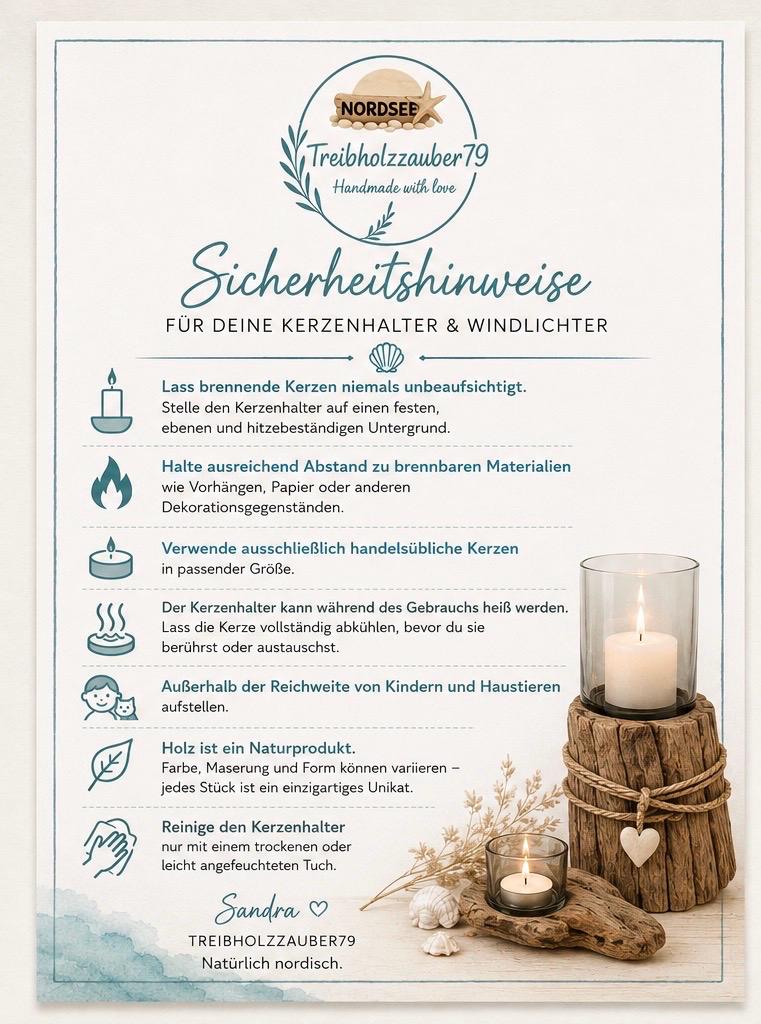 Sicherheitshinweise für Kerzenhalter aus Treibholz, Pflege und Brandschutz Hinweise für Adventskranz mit Glas Windlicht