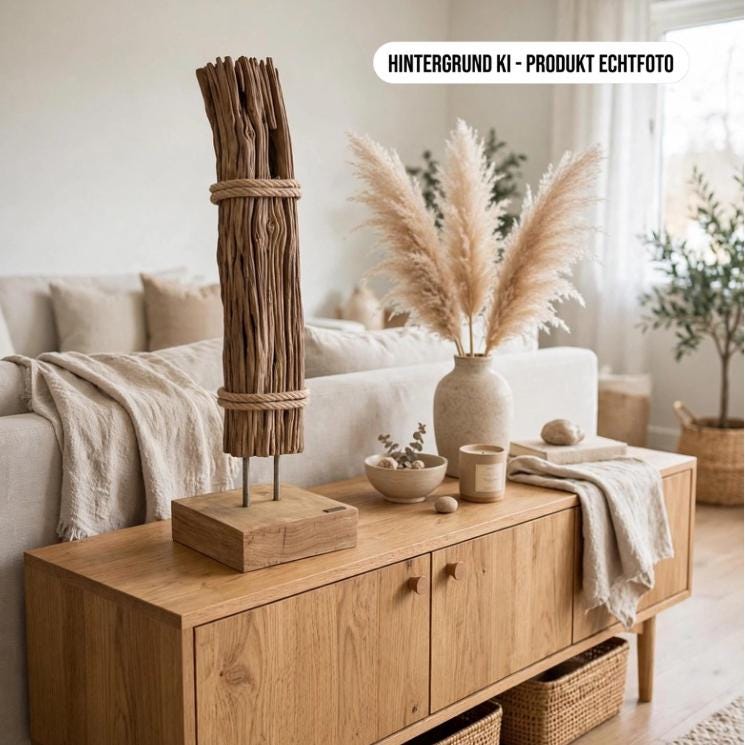 Lifestyle Treibholz Skulptur 70cm auf Eichen Sideboard neben Sofa Pampasgras,  Hintergrund KI Produkt Echtfoto