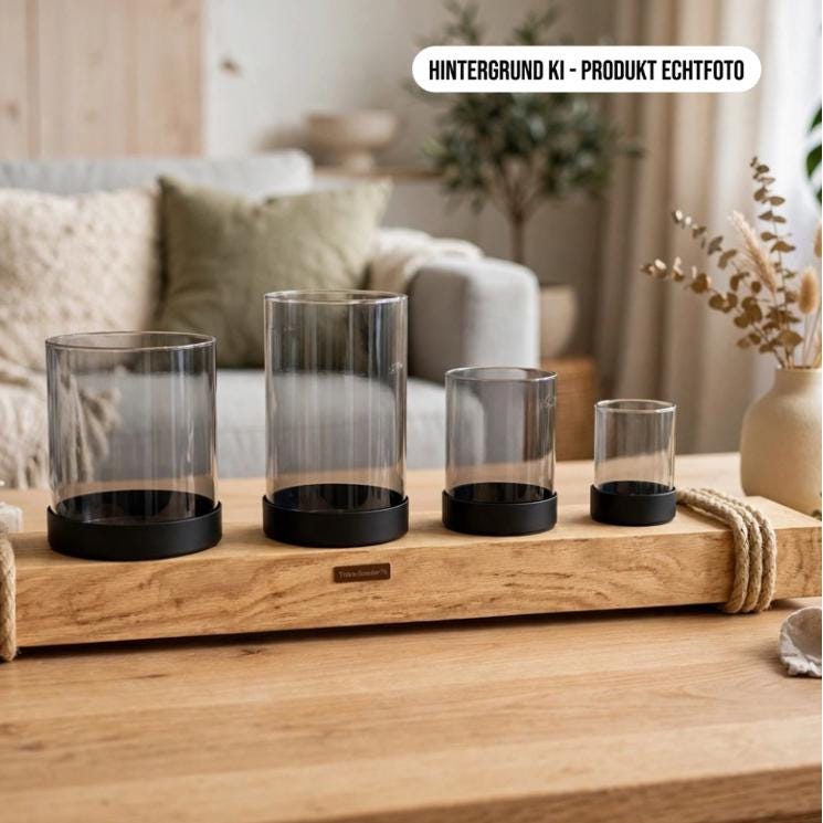 Kerzenhalter Eiche im modernen Wohnzimmer auf Couchtisch, Adventsdeko nordisch, Hintergrund KI generiert Produkt Echtfoto