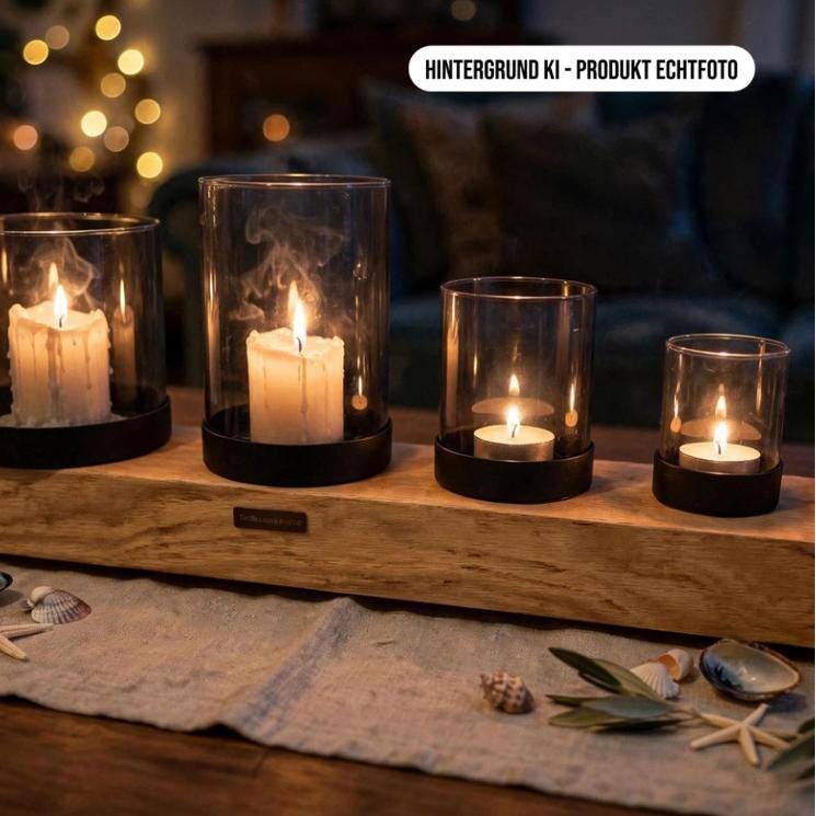 Abendstimmung Kerzenhalter Eiche mit 2 Stumpenkerzen und 2 Teelichtern brennend, Adventsdeko auf Holz. Hintergrund KI