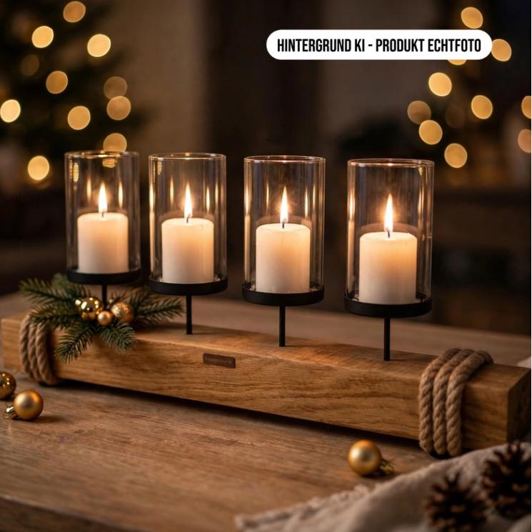 Moderner Adventskranz Holz 58cm mit Kerzenlicht - rustikale Weihnachtsdeko Treibholz mit 4 Stumpenkerzen im Glas warm