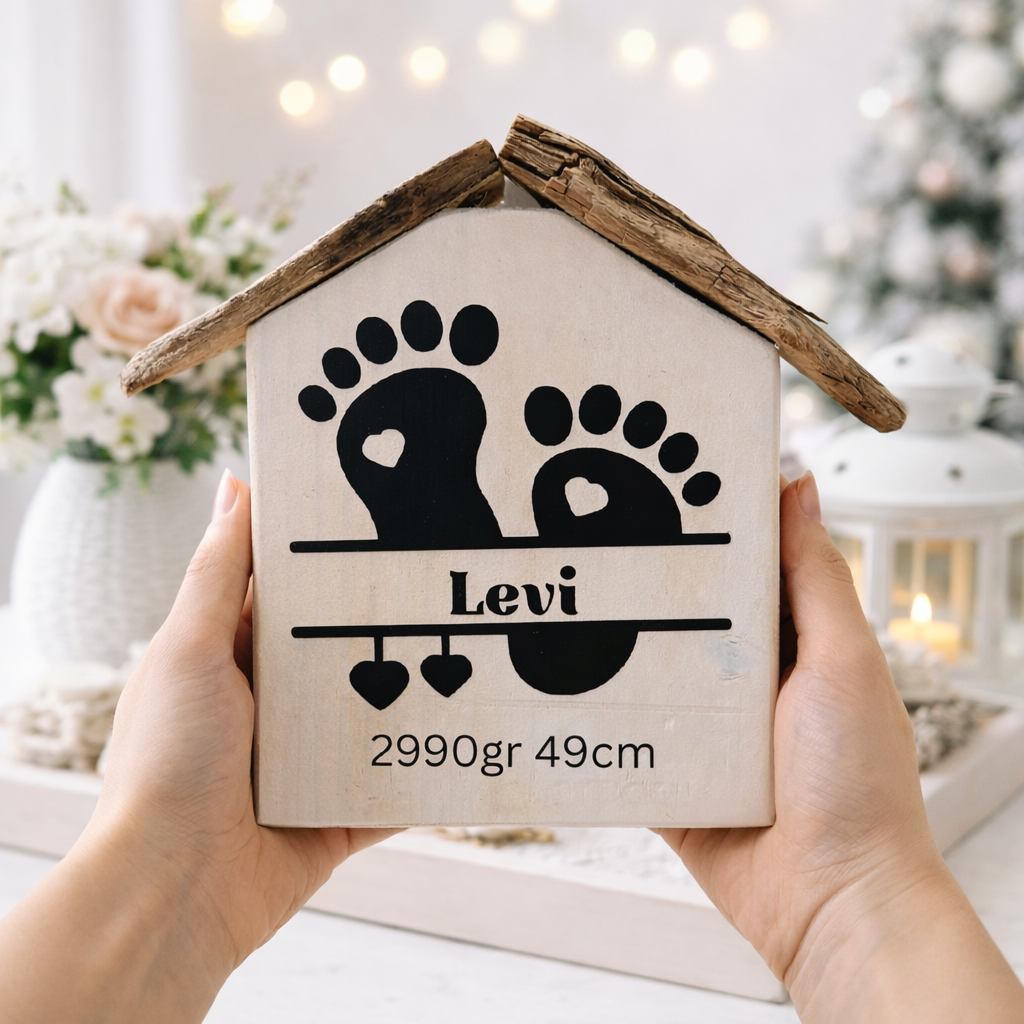 Person hält ein personalisiertes Geburtshäuschen aus Holz mit Fußabdrücken und Namen, liebevolles Geschenk zur Geburt