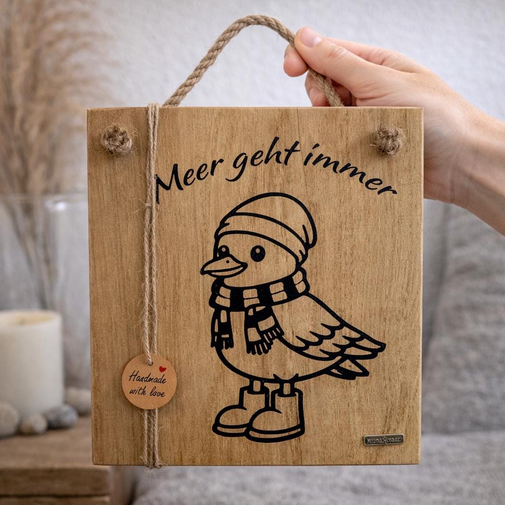 Holzschild Meer geht immer mit Möwe maritime Deko aus massivem Eichenholz handgefertigt