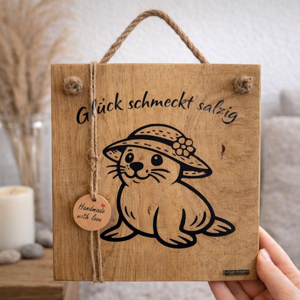 Holzschild Glück schmeckt salzig mit Seehund maritime Geschenkidee aus Eichenholz von Treibholzzauber79