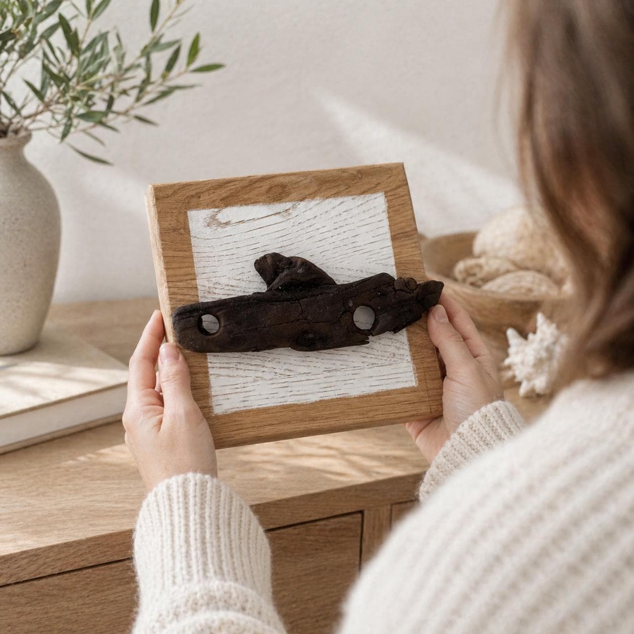 Treibholz Wandbild aus Eichenholz in der Hand gehalten, natürlich nordische Deko mit Küstengefühl
