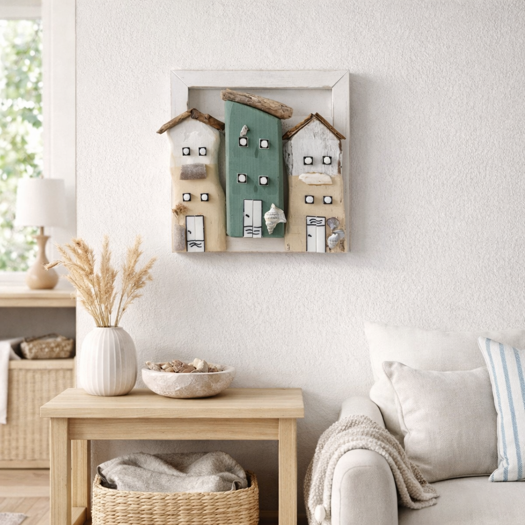 Handgefertigtes Wandbild aus Holz mit maritimen Häusern, Fenstern und Türen, natürliche Stranddeko von Treibholzzauber79