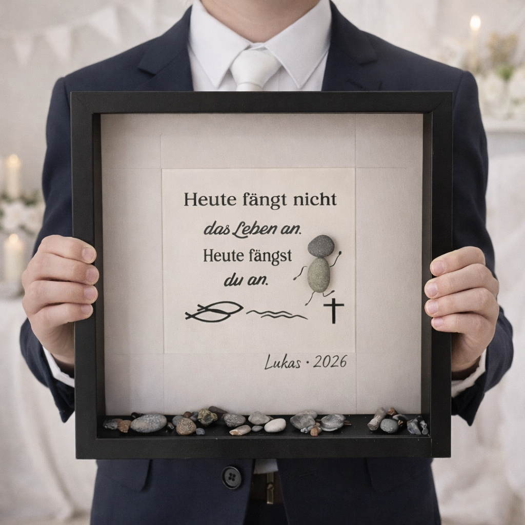 Konfirmand hält personalisierten Bilderrahmen zur Konfirmation in den Händen, christliches Steinbild mit Spruch