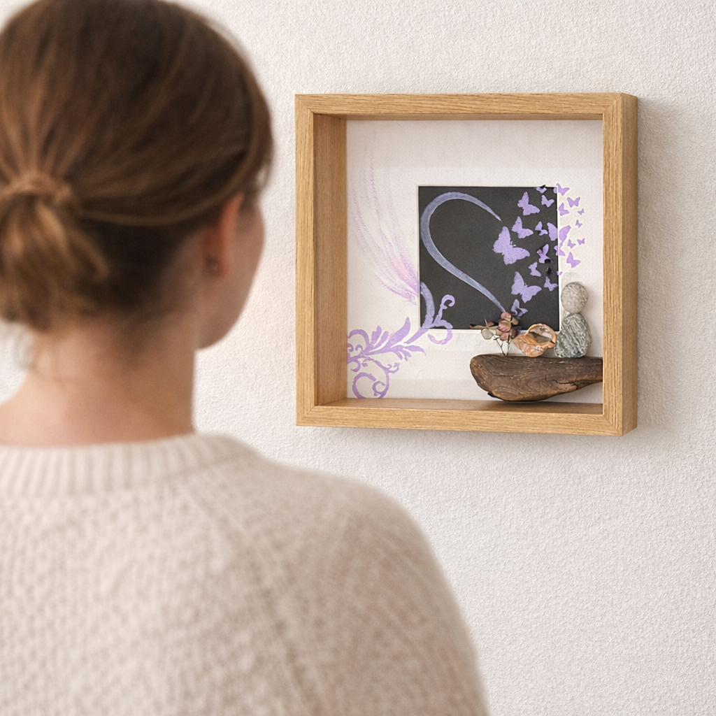 Größenvergleich personalisierter Shadow-Box-Rahmen mit Treibholz und Steinfigur an Wand von Person betrachtet