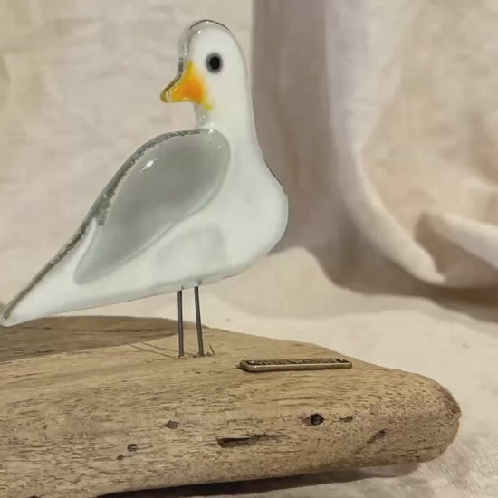 Maritime Deko Möwe mit Segel - Fusing Glas auf Treibholz - Küsten Deko Unikat - 15 x 9 x 14 cm