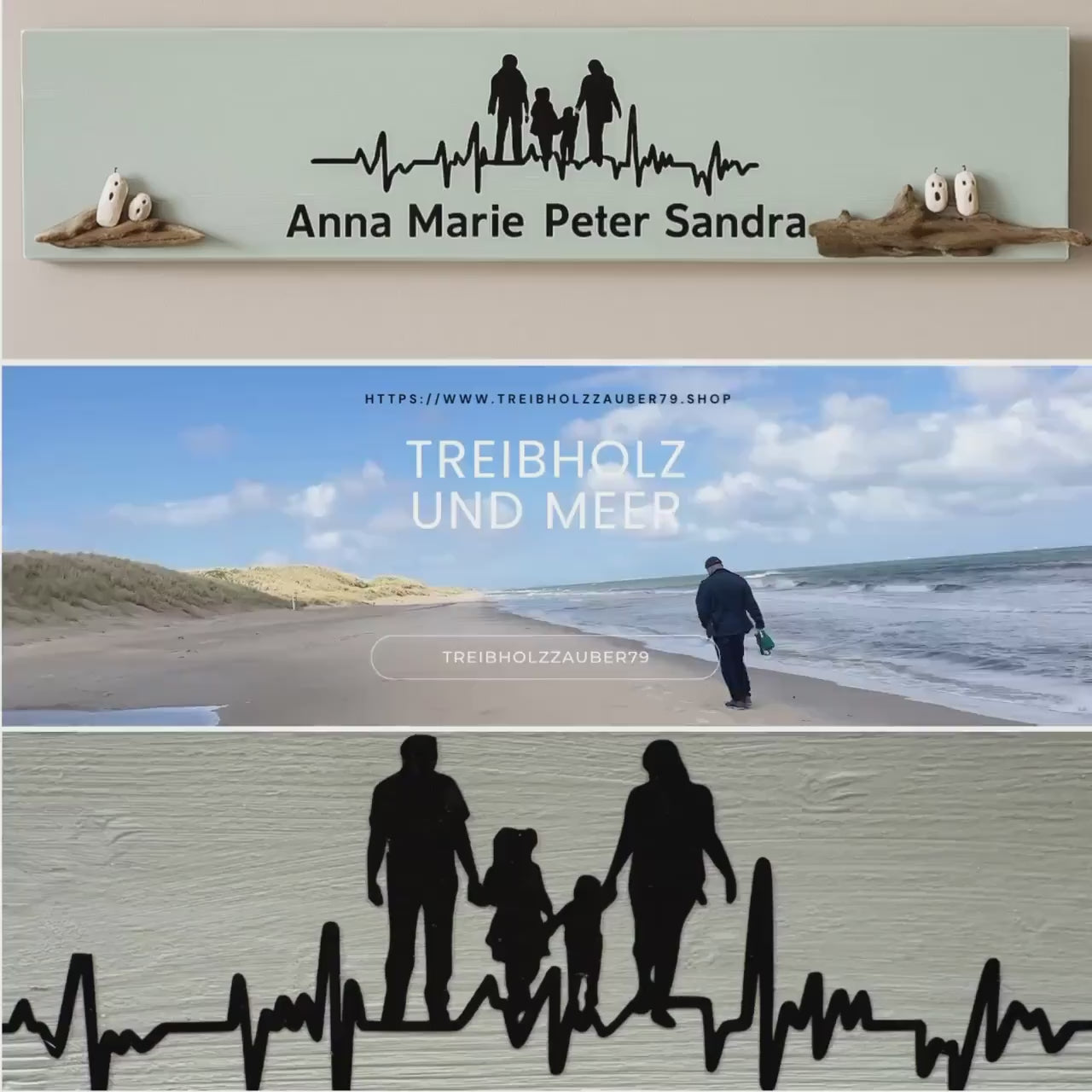 Holz Deko Schild mit Namen 65 cm personalisiert mit Wandbefestigung. Steinbild Familie - Treibholz Deko Maritimes Wandbild - Handmade