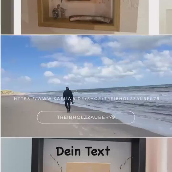 Personalisierter Bilderrahmen mit Wohnmobilmotiv und Steinbild 27 cm, dekoriert mit Treibholz, Muschel und Donnerkeil der dänischen Küste.