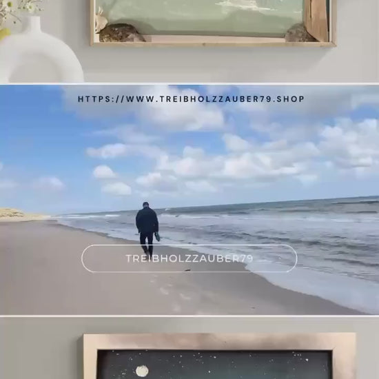 Vintage Bilderrahmen 40 x 28cm mit handgemaltem maritimen Motiv und original Strandfunde der dänischen Küste - Strandbilder in Acryl.