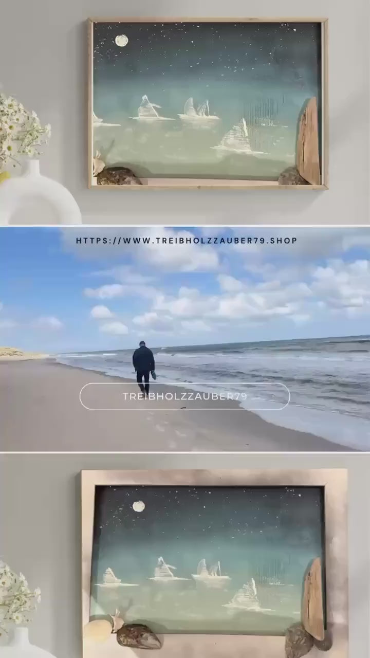 Vintage Bilderrahmen 40 x 28cm mit handgemaltem maritimen Motiv und original Strandfunde der dänischen Küste - Strandbilder in Acryl.