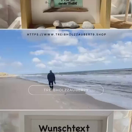 Personalisiertes Steinbild mit Wohnmobil Motiv im Rahmen 27cm schwarz. Strandfunde der dänischen Küste - Steinbilder mit Sprüchen für Camper