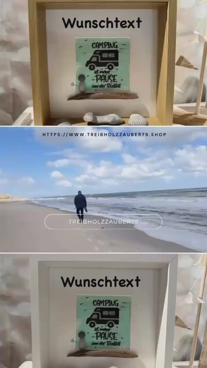 Personalisiertes Steinbild mit Wohnmobil Motiv im Rahmen 27cm schwarz. Strandfunde der dänischen Küste - Steinbilder mit Sprüchen für Camper