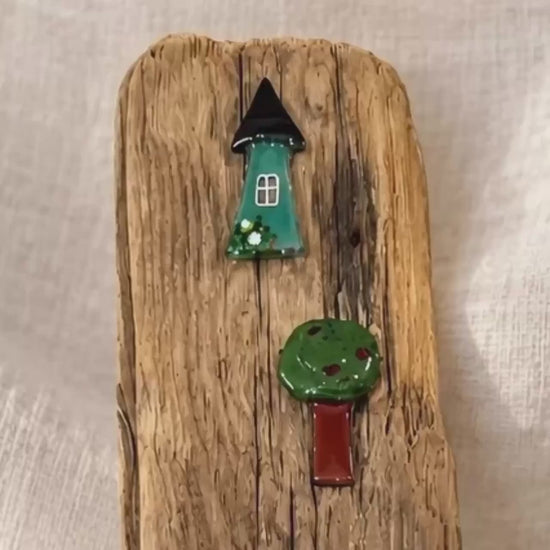 Treibholz Deko hoch 46cm | 3 Glashäuser & Apfelbäume | Driftwood Wall Art | Geschenk Unikat