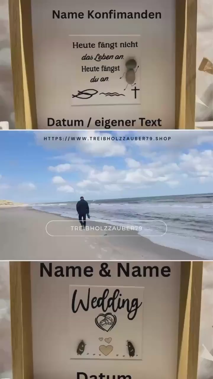 Geschenke zur Konfirmation personalisiert im Rahmen 27cm Eiche mit Strandfunde der dänischen Küste. Konfirmation Glückwünsche - Handmade