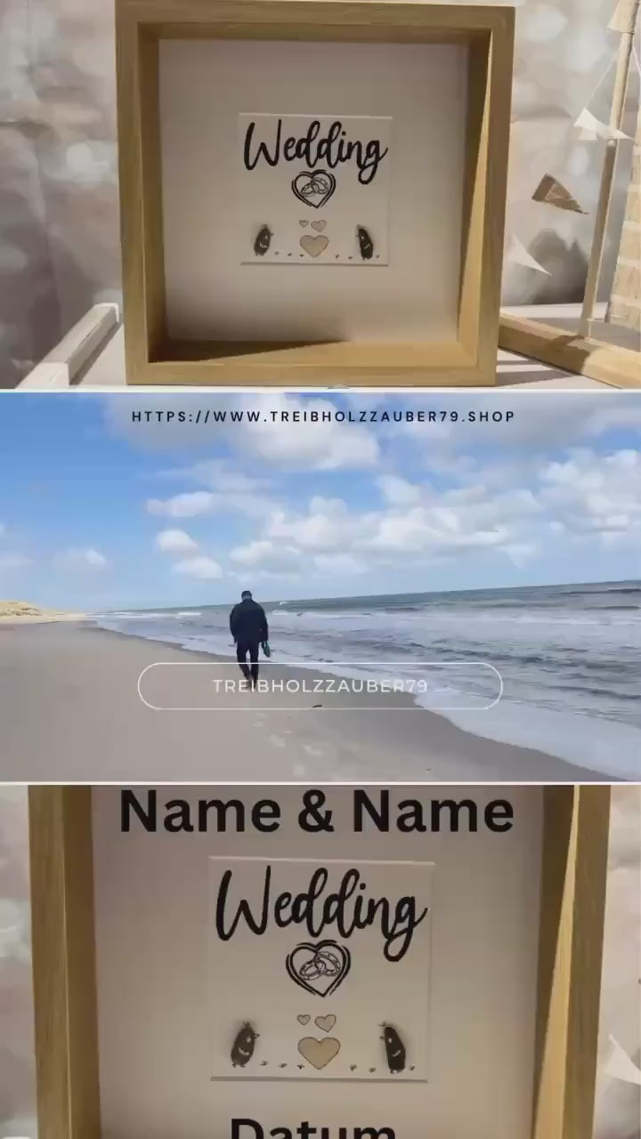 Personalisiertes Steinbild zur Hochzeit handgemalt 27cm schwarz, mit Strandfunde der dänischen Küste. Hochzeit personalisiert - Handmade